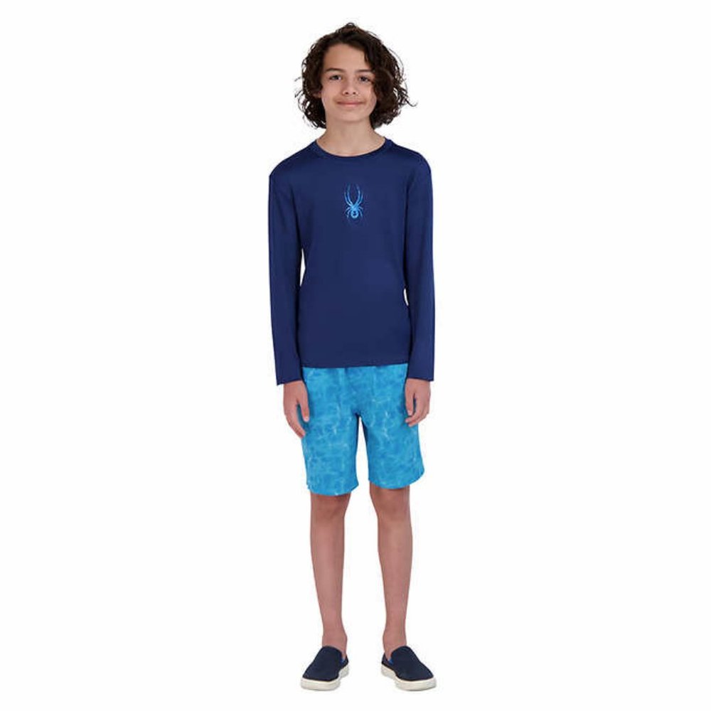 NWT Spyder SPF 30+ Youth 2-piece Swim Set Rashguard & Swim Trunks Blue  Sm 7/8
